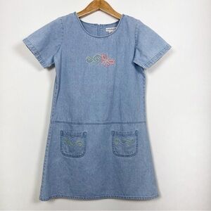 Vintage Blue Denim Short Sleeve Dress Embroidered Butterfly Pockets Size 10